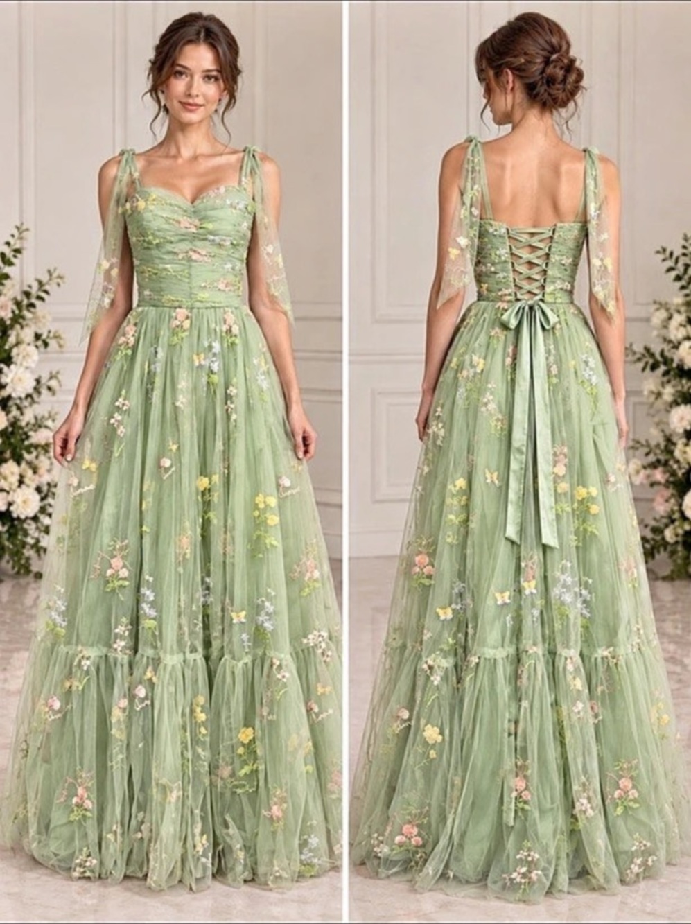 Floral Embroidered Maxi Dress in Green Like New